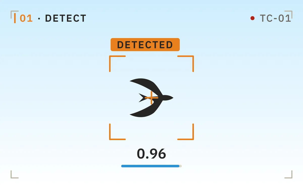 Search brackets converge on a bird in the camera view and lock