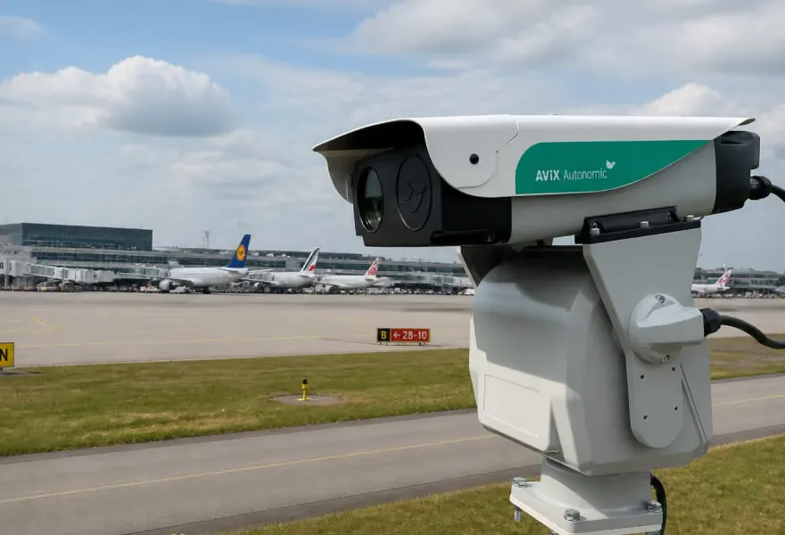 A laser deterrent unit mounted on a pole