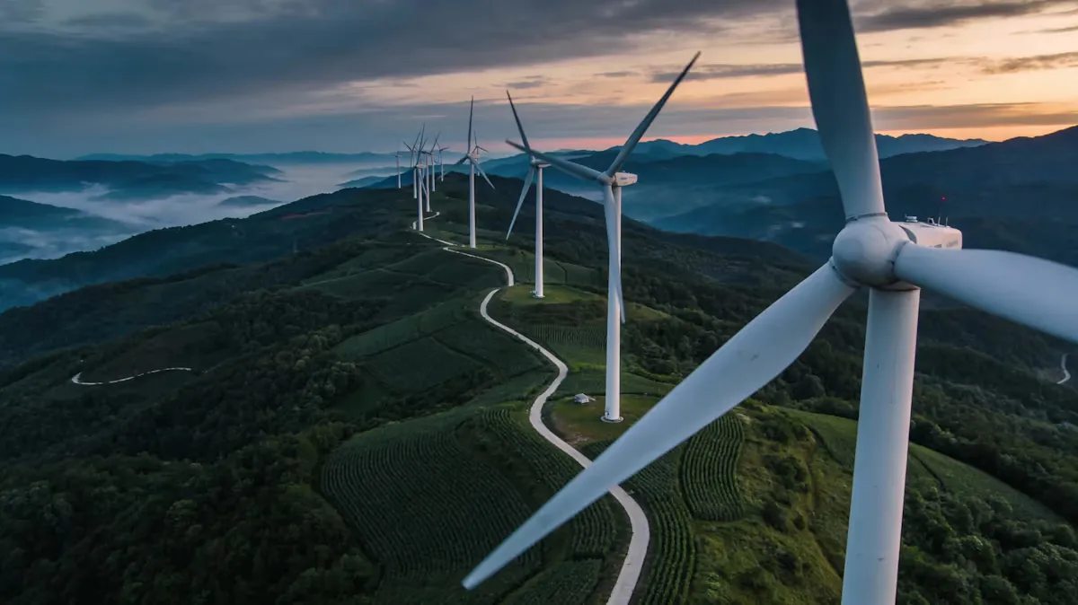 Wind turbines along a ridge road at dusk