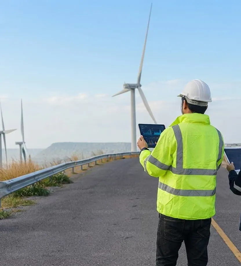 A THE EDGE COMPANY engineer with a tablet on a wind farm access road, turbines behind