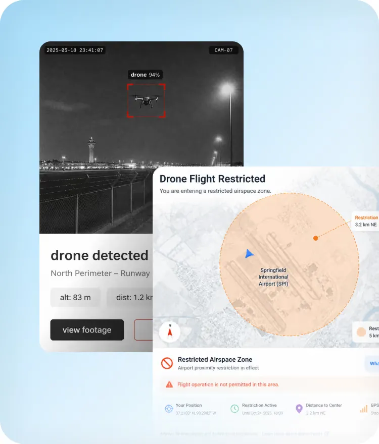 A drone detection card with its night camera frame beside the restricted airspace map